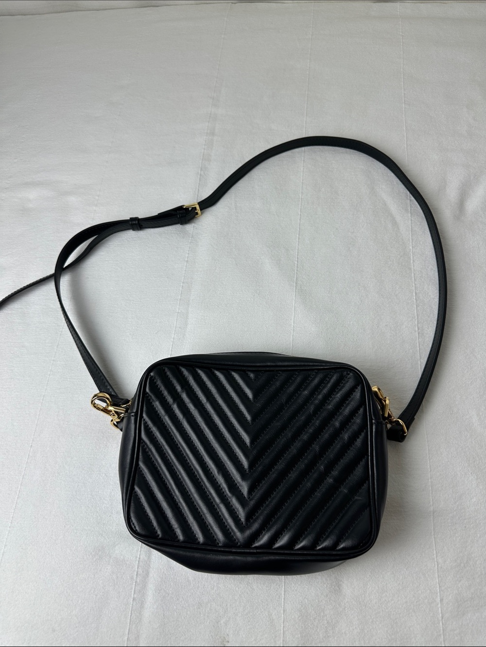 Quince Gemma Black Quilted Leather Crossbody Bag with Gold Hardware